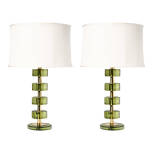Italian Brass and Green Murano Glass Lamps - a Pair