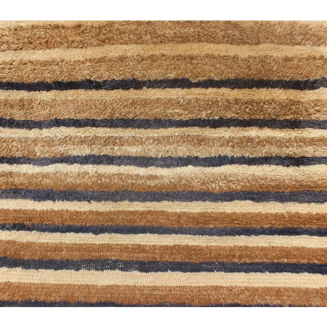 Brown Mid 20th Century Turkish Angora Tulu Vintage Rug With Stripe Pattern Light Brown & Navy Blue For Sale - Image 8 of 12