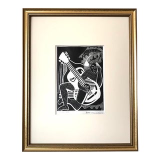 Vintage Mid Century Modern Cubist Woodblock Print "Musical Idea" by Gema Ukriansky 1949 For Sale