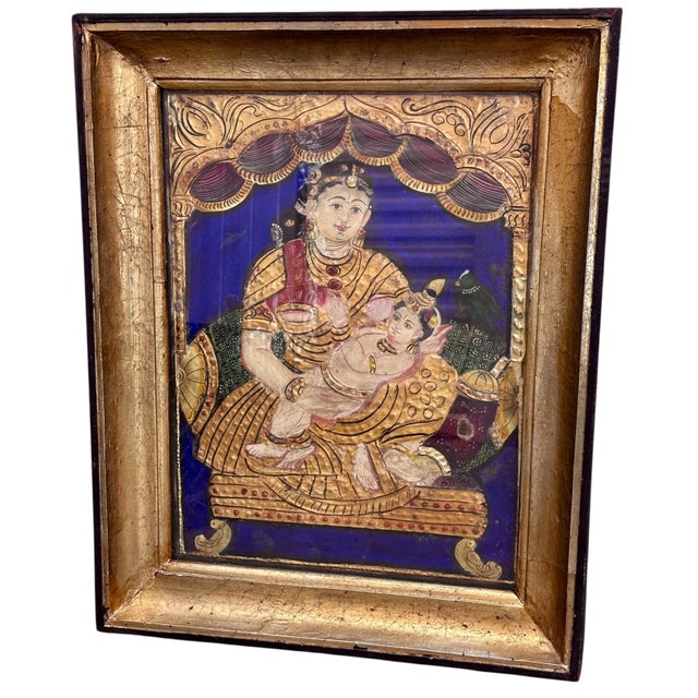 Indian 1900 Circa Tanjore Yashoda Krishna Painting Thanjavur Antique Indian India For Sale - Image 3 of 3