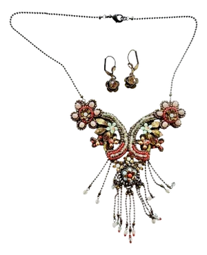Late 20th Century Michal Negrin Necklace Earrings Set Lavalier Tassel Fringe Statement Bib Green Vintage Look Beads Victorian Drop - 3 Pieces