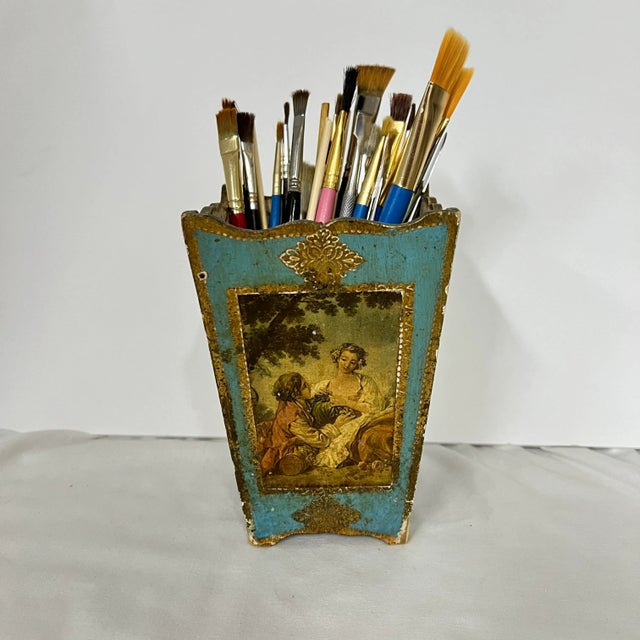 Rare Italian Florentine Turquoise / Gold Brush Pot For Sale - Image 6 of 10