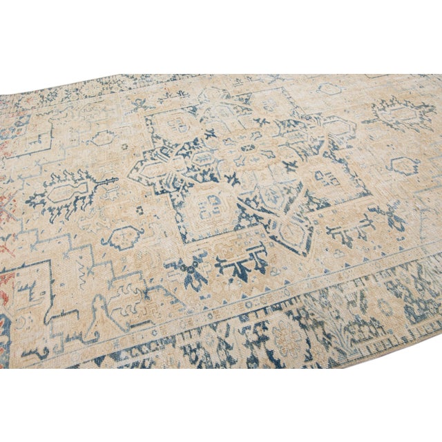 Beige Beige Antique Persian Heriz Shabby Chic Handmade Wool Rug For Sale - Image 8 of 11