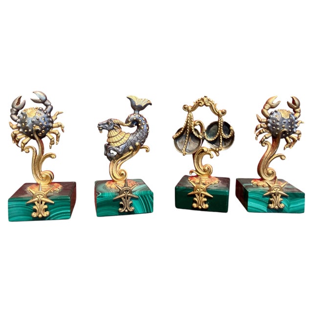 Italian Gilt 800 Silver Zodiac Place Card Holders with Malachite, 1950s, Set of 4 For Sale - Image 12 of 12