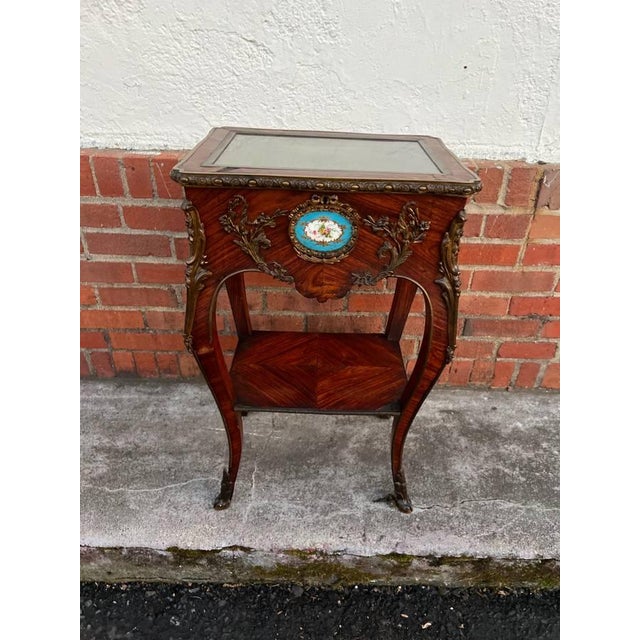 French Provincial Louis XV Style Rosewood and Servres Style Porcelain Inset Hinged Vitrine. 19th Century. For Sale - Image 3 of 12