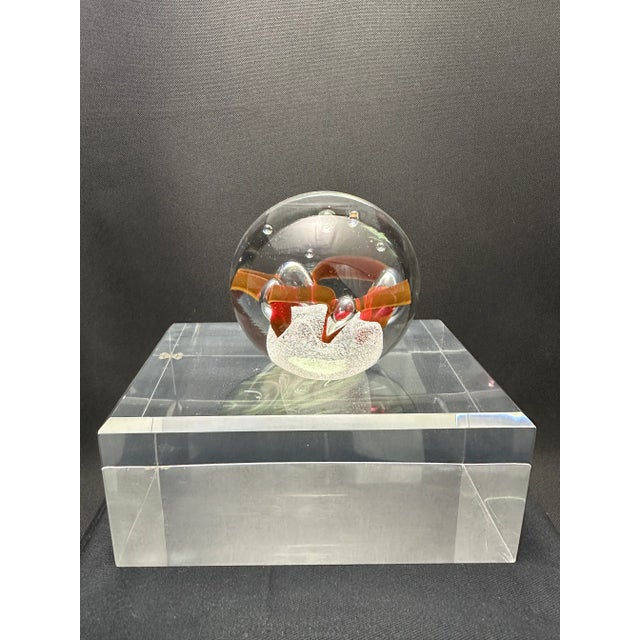 1970s Adam Jablonski Signed Hand Blown Crystal Art, Red Ribbon Suspended on Controlled Bubbles Paperweight For Sale - Image 4 of 11