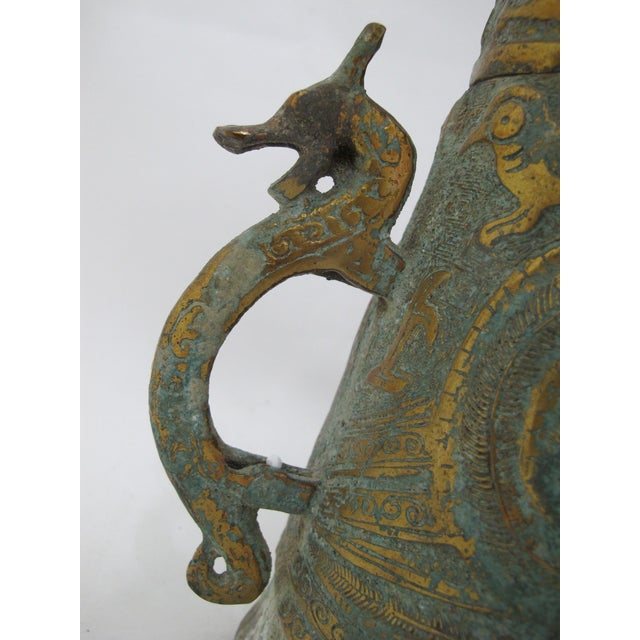 Chinese Archaic Bird Bronze Ware Gold Toad Accent Ritual Wine Vessel Pitcher For Sale - Image 13 of 18