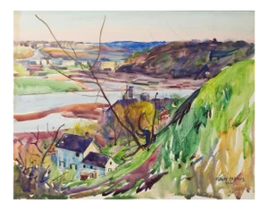 Vintage 1924 Egbert Cadmus New England River View Watercolor Painting