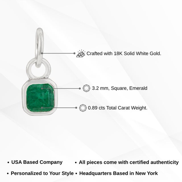 Square Cut Deep Emerald Bezel Set Green Charm Pendant in 18k White Gold For Sale - Image 12 of 16