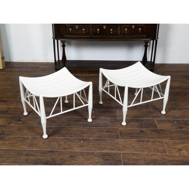 Pair of Vintage English Egyptian Revival White Thebes Stools with Curving Seats For Sale - Image 10 of 12