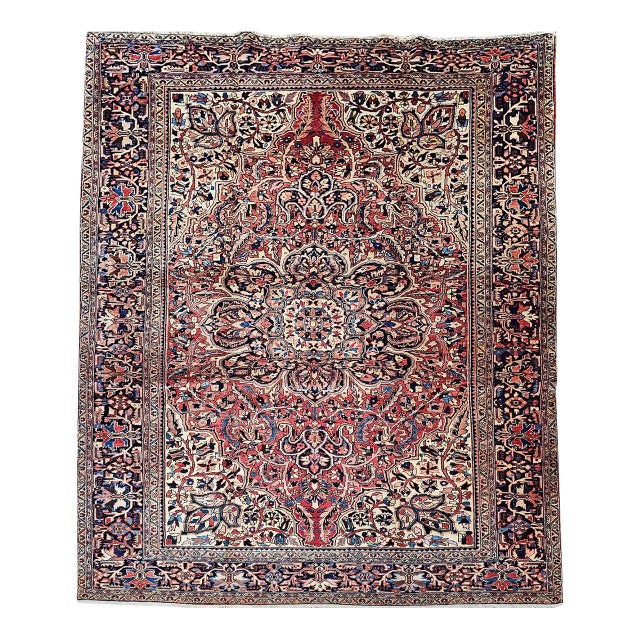 Vintage Persian Heriz Rug, Hand-Knotted Wool, Geometric Medallion Pattern, Red & Ivory, 10x13 For Sale