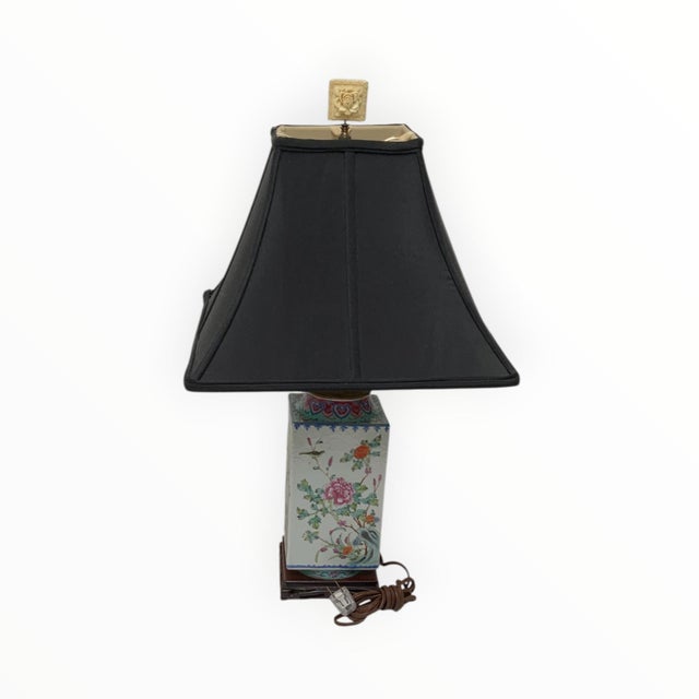 Antique Chinese Republic Period Famille Rose Four Seasons Porcelain Lamp Black Pagoda Shade and Celluloid Rose Finial Vase...