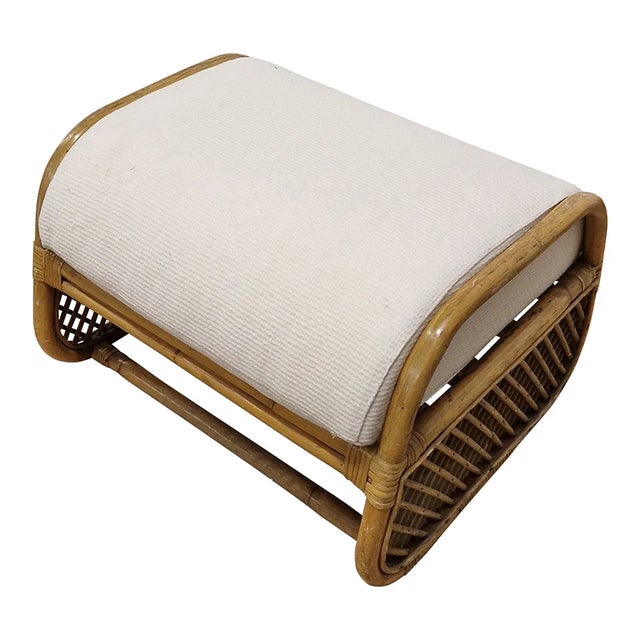 Pair of bamboo and rattan stools, padded fabric cushions. Dimensions (wxdxh) 64 x 50 x 45 cm