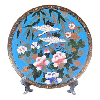 Japanese Meiji Era Cloisonne Charger Plate with Cranes, 1890s For Sale