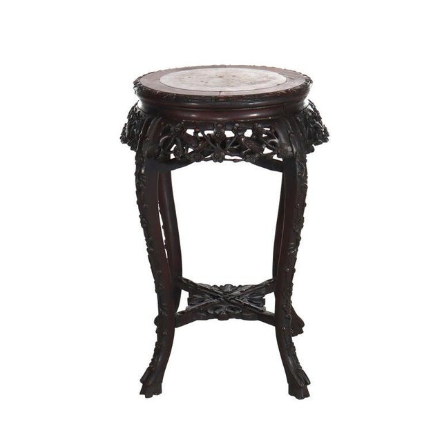 Wood Antique Chinese Floral Carved Rosewood Rouge Marble Top Stand C1910 For Sale - Image 7 of 9