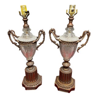 Pair of French Neoclassical Cut Crystal & Patinated Bronze Urn Lamps With Ram/Goat Head Handles For Sale