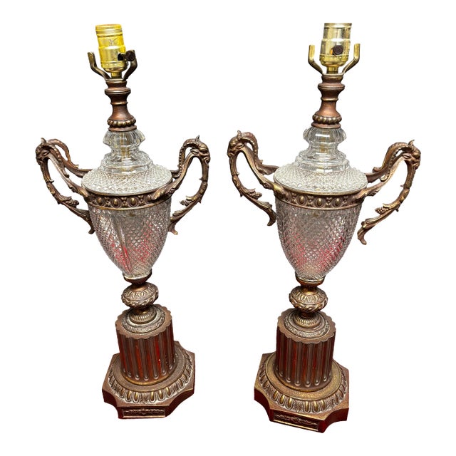 Pair of French Neoclassical Cut Crystal & Patinated Bronze Urn Lamps With Ram/Goat Head Handles For Sale