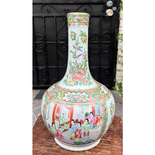 Antique Chinese Pottery Rose Medallion Bottle Vase Chairish