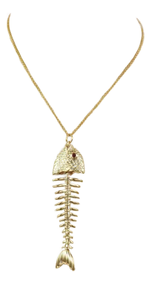 Tiffany & Co. Ruby 18k Yellow Gold Large Fish Bone Pendant Necklace - Rare!