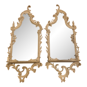 Pair Stripped Wood Italian Rococo Cartouche Shaped Mirrors With Shelves
