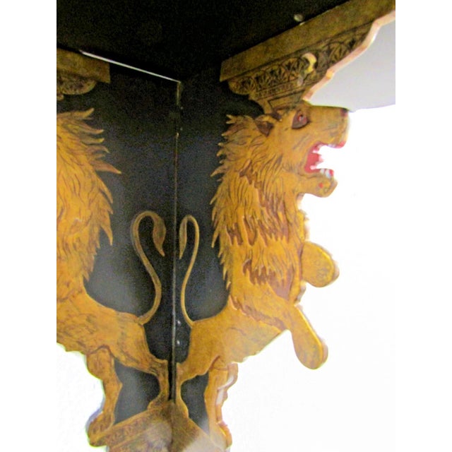 Wood Pair Antique Anglo Sinhalese Black Lacquer Rearing Lions Wall Shelves Brackets 1880 For Sale - Image 7 of 16