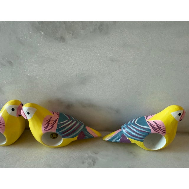 Yellow Set of 4 Vintage Hand Painted Wood Parrot Napkin Rings For Sale - Image 8 of 10
