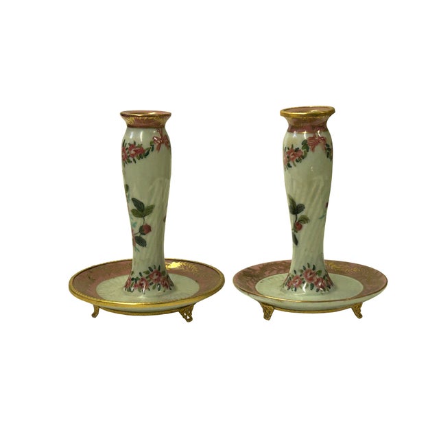Art Deco Pair Vintage Handmade Ceramic Pink Flowers Tube Shape Candle Holders For Sale - Image 3 of 9