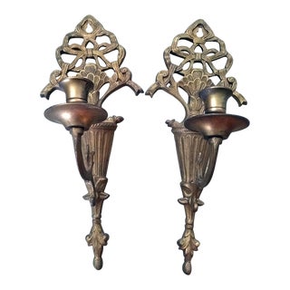 Vintage French Gilded Metal Candle Wall Sconces- a Pair For Sale