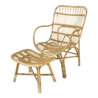 Vintage Rattan Bamboo Chair and Ottoman For Sale