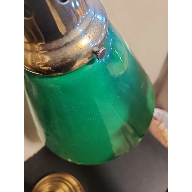 Brass Vintage Banker Brass Lamp Green Glass Art Deco For Sale - Image 8 of 12