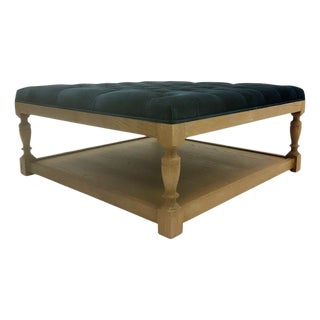 Patrice Tufted Square Ottoman - Dark Teal Linen / Weathered Gray Frame For Sale