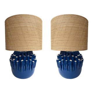 Contemporary Pair of Blue Anemone Ceramic Lamps. Italie For Sale