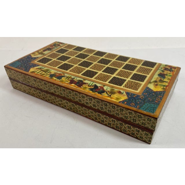 Vintage Persian Micro Mosaic Chess Game Box. Intricately inlaid handcrafted Persian styled chess game board box....
