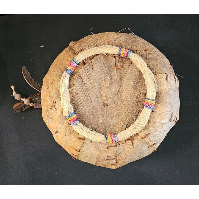Vintage Native American Style Handwoven Fiber Basket With Feather & Beaded Details For Sale - Image 13 of 14