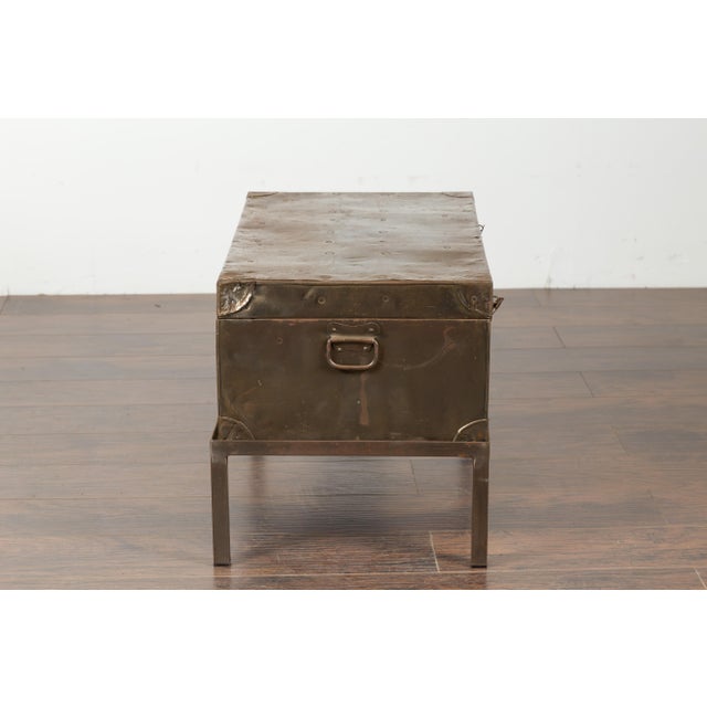 English English 1920s Sarah Rackett Metal Trunk with Handles Mounted on New Custom Stand For Sale - Image 3 of 12