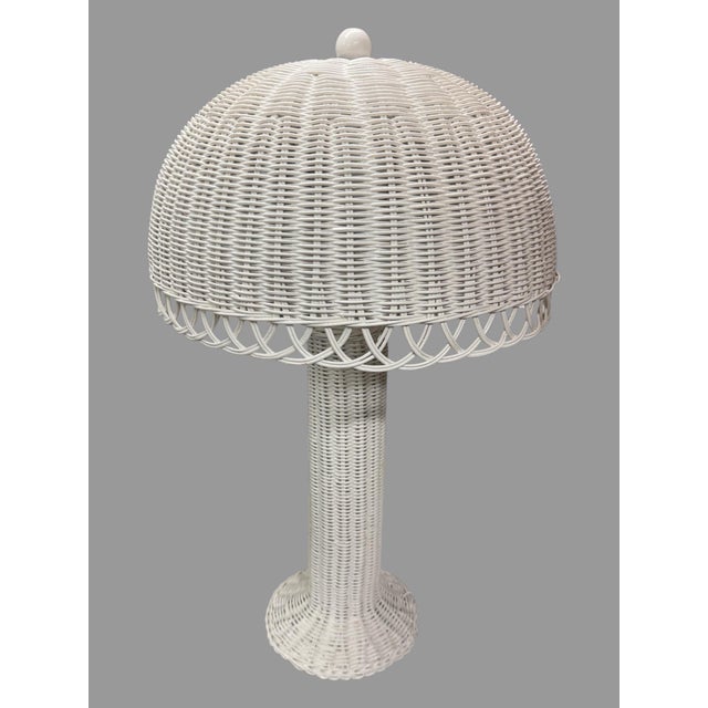 Vintage White Wicker Rattan Table Lamp Coastal Cottage Boho Hollywood Regency For Sale - Image 9 of 9