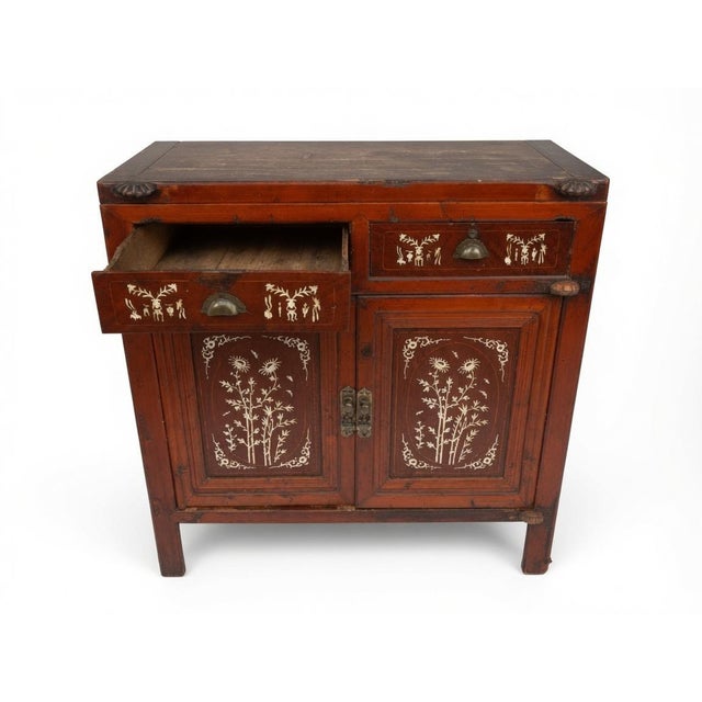 Chinese Vintage Chinese Cabinet With White Floral Inlay & Mirrored Doors – Statement Piece For Sale - Image 3 of 9