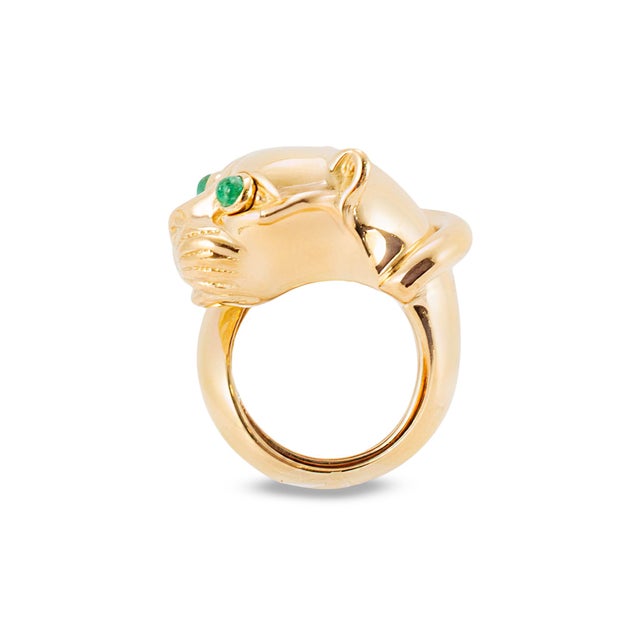 Modern Vintage David Webb 18k Yellow Gold Emerald Eyes Panther Cocktail Ring, Size 5 For Sale - Image 3 of 9
