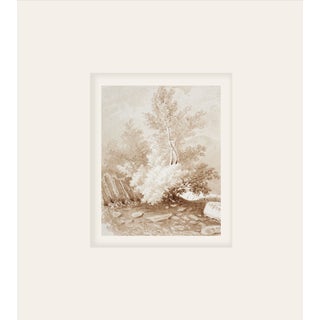 Early 1900s Antique French Sepia Watercolor Bucolic Landscape on Paper in Rococo Style With Mat For Sale