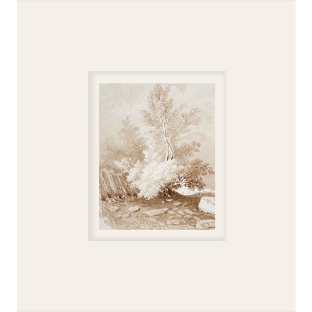 Early 1900s Antique French Sepia Watercolor Bucolic Landscape on Paper in Rococo Style With Mat For Sale