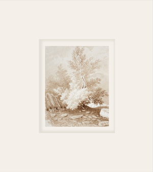 Early 1900s Antique French Sepia Watercolor Bucolic Landscape on Paper in Rococo Style With Mat