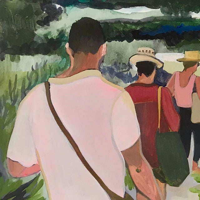 Three figures walk away from the viewer down a sandy path in this acrylic on canvas, bags slung over their shoulders and...