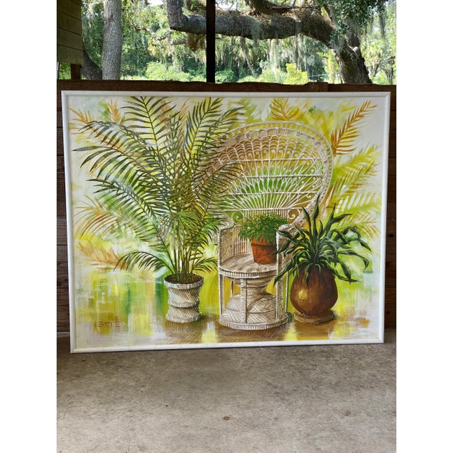 1970’s Boho Coastal Palms and Peacock Chair Painting For Sale - Image 11 of 11