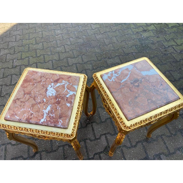 1990s French Louis XVI Gold Pink Marble Side Tables Pair For Sale - Image 10 of 17
