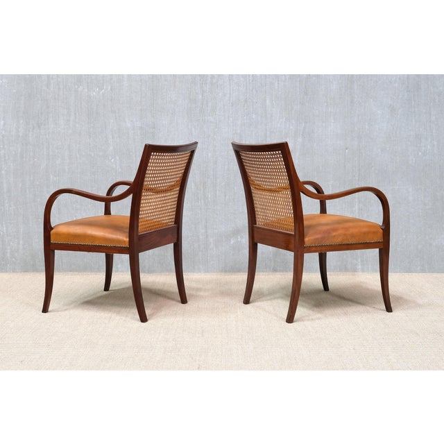 Armchairs in Mahogany, Cane, and Leather from Frits Henningsen, Denmark, 1931, Set of 2 For Sale - Image 4 of 16