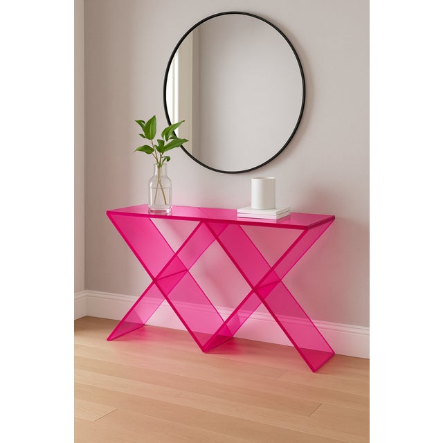Acrylic X Console Table Neon Pink For Sale - Image 4 of 4
