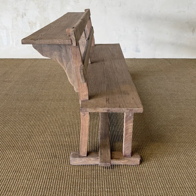 Modern Vintage Elm Wood School House Bench For Sale - Image 3 of 11