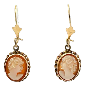 Mid 20th Century Pair of 14k Yellow Gold Drop Earrings With Intricate Cameo Portraits