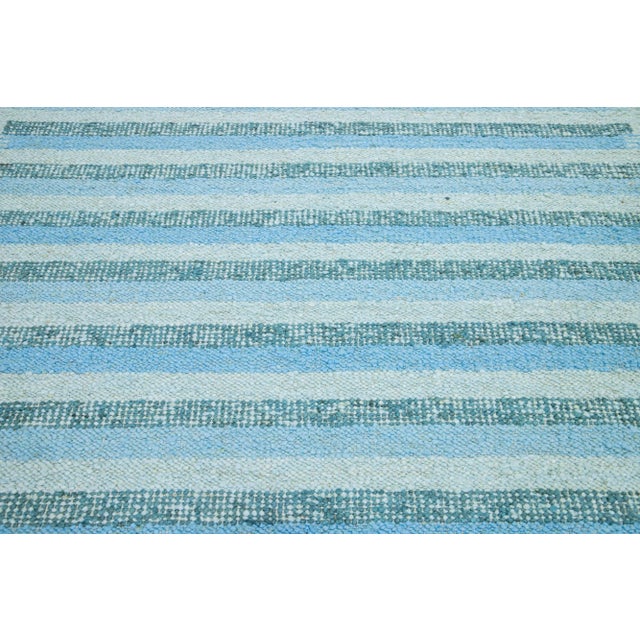 Textile Modern Striped Swedish Style Wool Rug Handmade With Light Blue and Green Field For Sale - Image 7 of 8