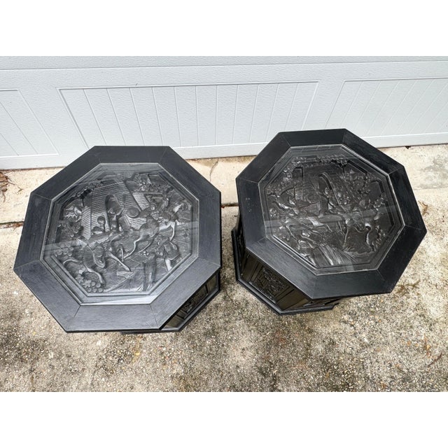 Mid-Century Chinese Carved Figural Wood Octagon Side Tables - A Pair For Sale - Image 4 of 12